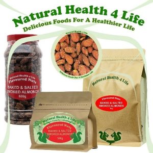 Smoked almonds in various packaging