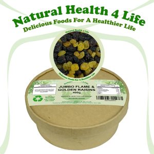 Flame and golden raisins in a kraft tub