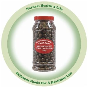 Jar of chocolate peanuts and raisins