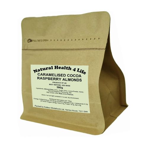 Caramelised Cocoa Raspberry Almonds 300g 1 A bag of cocoa almonds