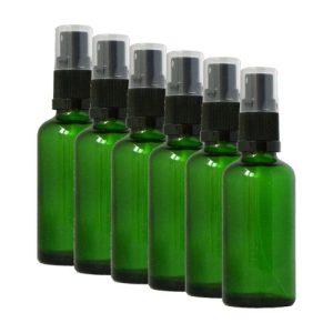 6 green glass bottles with atomisers