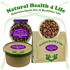 Milk chocolate coffee beans in various packaging