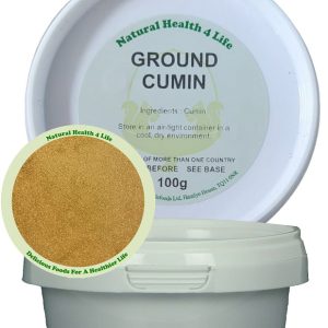 Ground Cumin in a white plastic tub