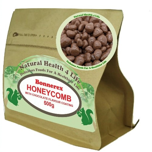 Bonnerex Honeycomb With Chocolate Flavour Coating 500g 1 Honeycomb chocolate in kraft pouch packaging.