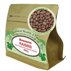 Chocolate raisins in a kraft pouch