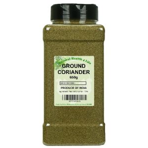 Coriander spice in a shaker jar